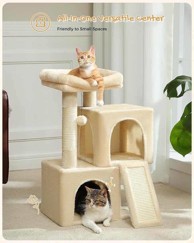 PAWZ Road Cat Tree, 30 Inches Cat Tower with Dual Condos for Indoor Cats, Plush Cat House with Padded Perch, Scratching Ramp and Posts and Replaceable Balls-Beige-Mewly Pet