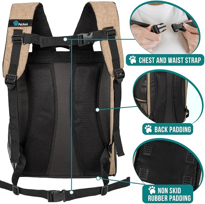 PetAmi Dog Backpack Carrier for Small Large Cat, Pet, Puppy, Ventilated Pet Hiking Backpack Travel Bag, Airline Approved Cat Backpack Carrier, Camping Biking Dog Bag Up to 18lbs Pet, Taupe-Mewly Pet