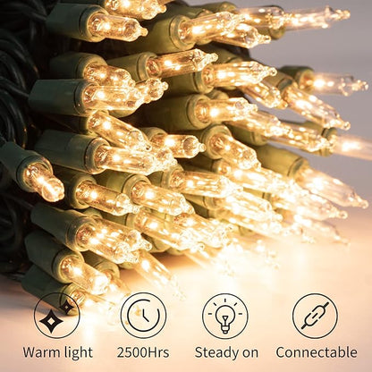 Clear Christmas Lights 200 Count 50 Feet Bulb Mini Lights, Waterproof String Light for Indoor Xmas Tree Garland Birthday Wedding Decoration, Green Wire