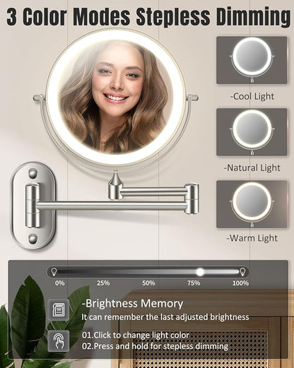 30X/1X Wall Mounted Lighted Makeup Mirror, 8'' Double Sided Rechargeable Magnifying Bathroom Mirror with Light, 3 Color Lights Touch Dimmable Extended Arm 360 Rotation Light up Mirrors