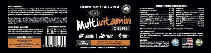 Multivitamin Dog Supplement – 10 in 1 with Omega Fish Oil & Glucosamine for Improved Joint & Skin Support, Gut, Digestion & Immune Everyday Health (120 Chewable Treats)-Mewly Pet