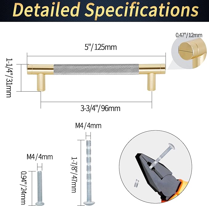 Knurled Cabinet Pulls 12 Pack, 5 Inch Long Cabinet Handles Metal Door Pulls, Kitchen Drawer Pull Knurled Dresser Handles - 3 3/4" Hole to Hole, Grey & Gold