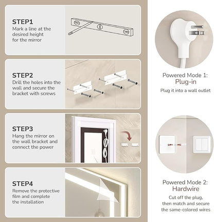 USHOWER LED Bathroom Mirror 72x36 Inch Over Sink - Frameless Tempered Glass LED Backlit Lighted Mirror for Bathroom Vanity with Anti-Fog, 3 Colors Dimmable, Memory Function, Wall-Mounted