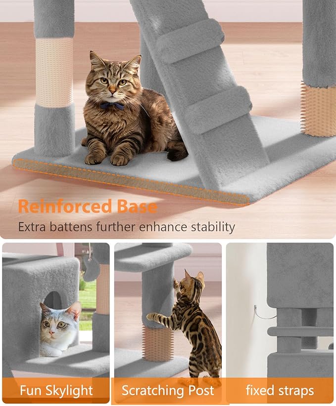 70'' Cat tree Tower for Indoor Cats Large Adult,Cute/Tall Modern Cat Tree for Big Cats 20 lbs,Plush Multi-Level Cat Condo with Scratching Posts,Dangling Ball for fun play(Light Gray, 70 inch)-Mewly Pet