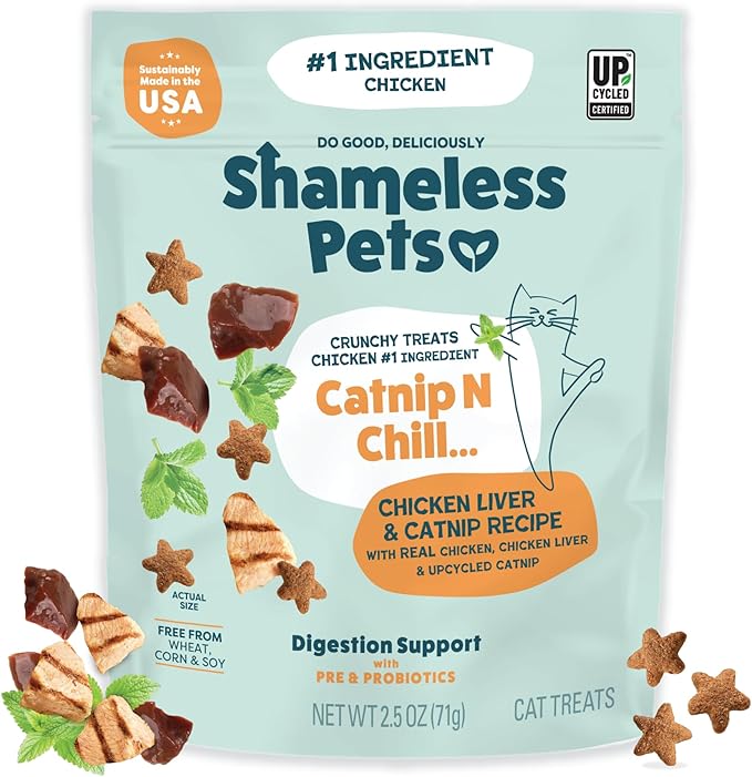 Shameless Pets Crunchy Cat Treats - Catnip Treats for Cats with Digestive Support, Kitten Treats with Real Ingredients, Natural & Healthy Flavored Feline Snacks - Catnip N Chill Chicken Liver, 1-pk-Mewly Pet