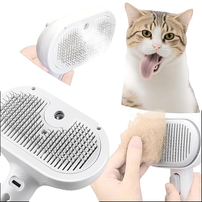 Cat steam brush – Effective Pet Brush for Indoor Cats, Steam Technology for Shedding, Mats & Grooming – Ideal cat brush indoor for Deep Cleaning (White)-Mewly Pet