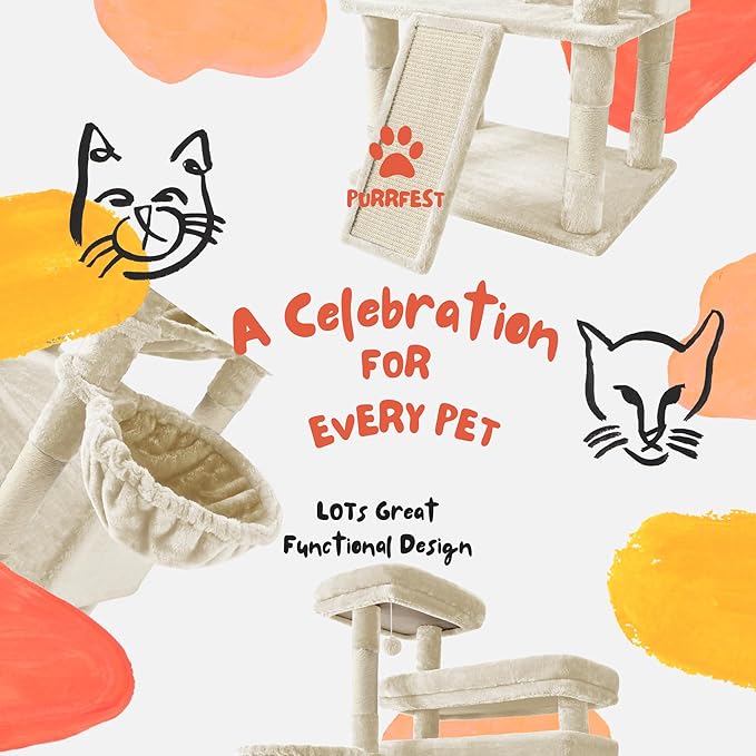 Cat Tree, 80-Inch Large Cat Tower with 9 Scratching Posts, 2 Perches, 2 Caves, 2 Basket, 2 Stairs, Extra Large Hammock, Pompoms, Multi-Level Plush Cat Condo for Indoor Cats/Beige-Mewly Pet