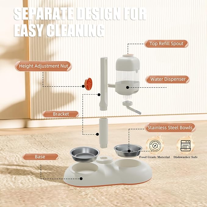 Pet Bowls,15°Tilted Puppy Food Bowls with Puppy Weaning Bottles,3 in 1 Height Adjustable Water Dispenser for Dogs,Pet Food Bowls for Ferrets,Cats,Rabbits and Small Sized Dogs(White)-Mewly Pet