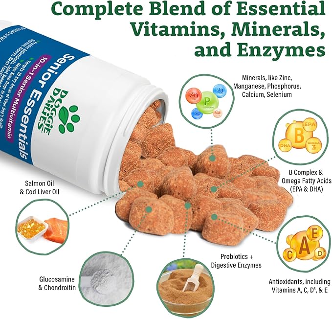 Doggie Dailies Senior Essentials Multivitamin for Dogs Soft Chews | Advanced Dog Multivitamin | Nutritional Support for Joints, Skin & Coat, Digestion, and the Immune System | Bacon Flavor | 120 Count-Mewly Pet