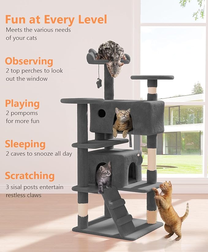 54" Cat Tree Tower for Indoor Cats Large Adult,Cute/Tall Modern Cat Tree for Big Cats 20 lbs, Plush Multi-Level Cat Condo with Scratching Posts,Hammock, Dangling Ball (Smoky Gray, 54 inch)-Mewly Pet