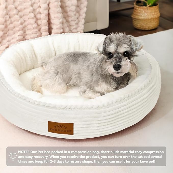 20in Cream Round Cat Dog Bed Gift for Large Medium Small Dogs Cats, Machine Washable Sleeping Sofa, Non-Slip Bottom Breathable Soft Calming Pet Cuddler for Indoor/Outdoor/Car/Cage-Mewly Pet