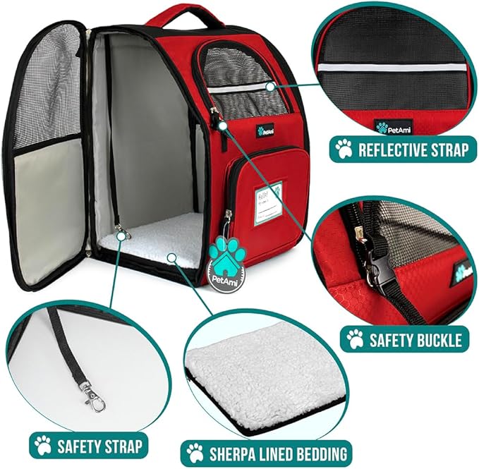 PetAmi Dog Backpack Carrier for Small Large Cat, Pet, Puppy, Ventilated Pet Hiking Backpack Travel Bag, Airline Approved Cat Backpack Carrier, Camping Biking Dog Bag Up to 18lbs Pet, Red-Mewly Pet