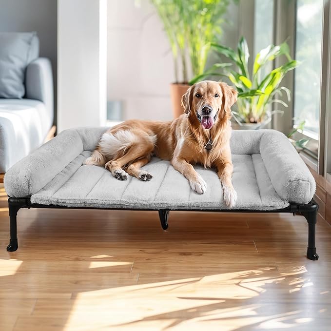 Veehoo Cooling Elevated Dog Bed with Fluffy Plush Bolster Cushion, Indoor Raised Dog Beds for Large Dogs, Soft Pet Sofa Cot with Removable Washable Mat, No-Slip Feet, 49 x 33 inches, Grey-Mewly Pet