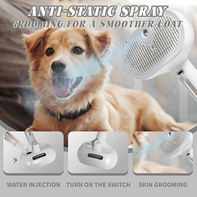 Cat Steam Brush, 3 in 1 Cat Brush for Shedding & Grooming, Water Brush for Cats Dogs, Pet Hair Removal Comb for Long Short Haired Small Animal, Self Cleaning Slicker Brush with Release Button-Mewly Pet