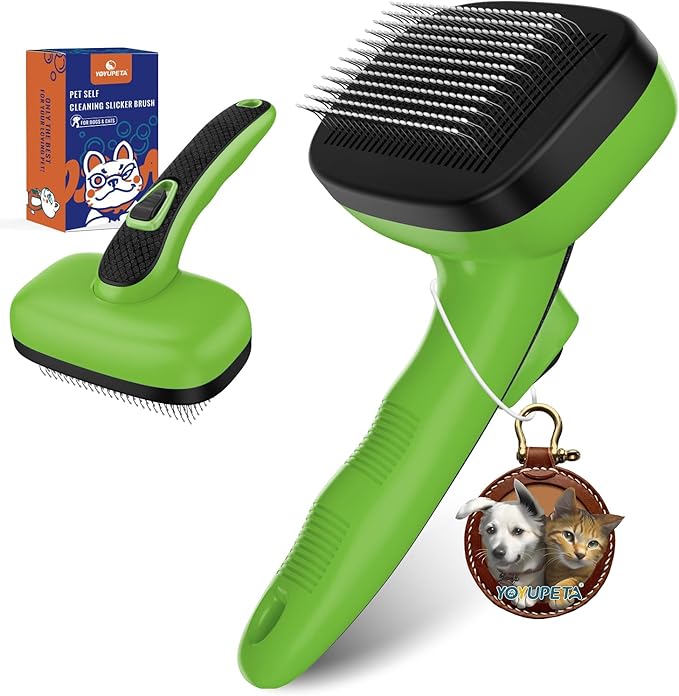 Dog Self Cleaning Slicker Brush for Shedding, Ideal for Short Long Haired Dogs, Including Cat. Removes Loose Fur, Undercoat, Mats, Tangled Hair. Suit for Large Medium Small Animal, Green-Mewly Pet
