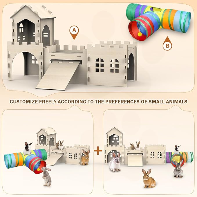 Large Bunny House and Hideouts, Wooden Dual-Layer Rabbit Castle with Stair, Rubber Band-Free Setup - Chew-Proof, Sturdy Habitat for Guinea Pig Chinchilla Ferret (Rabbit House with Tunnels & Tubes)-Mewly Pet