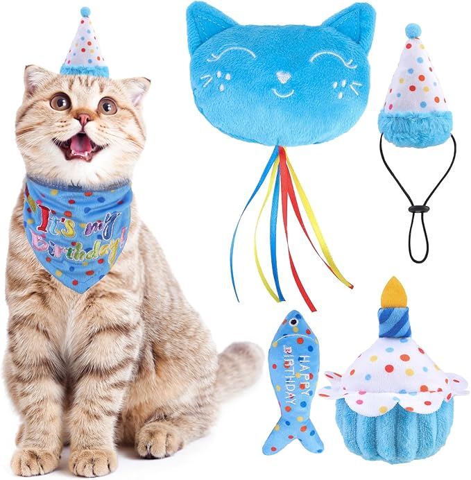 BINGPET Cat Birthday Catnip Toys for Indoor Cats,Cat Birthday Hat,Bandana and Cat Birthday Cake Interactive Plush Kitten Chew Toys,Cute Fish,Balloon Toys with Crinkle Paper and Catnip Inside(Sky Blue)-Mewly Pet