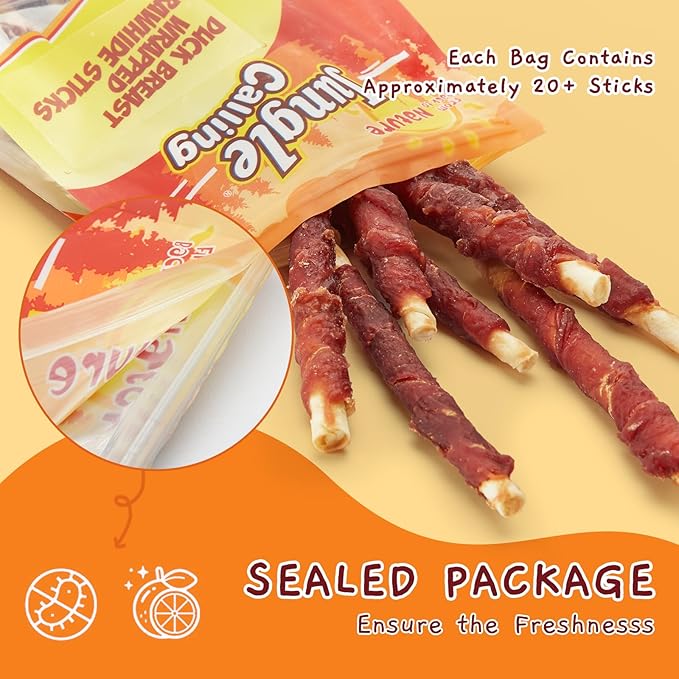 Jungle Calling Dog Treats, Duck Breast Wrapped Rawhide Sticks for Dogs, Grain-Free Natural Chewy Treats Picky Dogs, Puppy Chews Snacks,10.6 oz-Mewly Pet