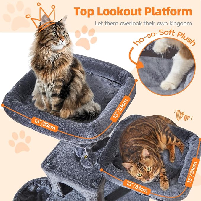 Taoqimiao Large Cat Tree，73-Inch Cat Tree Tower with 9 Scratching Posts for Indoor Cats, 2 Large Cat Condo with Hammock, Hanging Basket, 2 Extended Platform, Smoky Gray MS013XLG-Mewly Pet