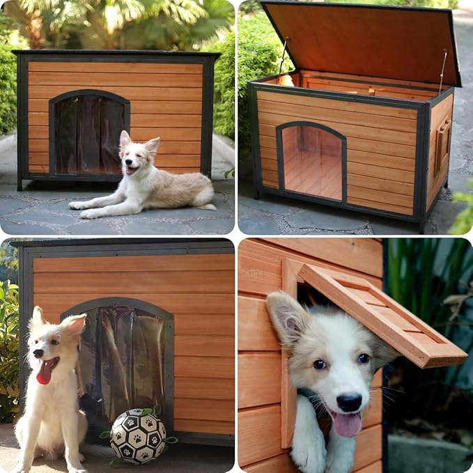 Dog House Outdoor Weatherproof 43.3" L Chew Proof Dog Kennel for Small Medium Large Dogs with Strong Metal Chew Proof Frame Raised Design-Mewly Pet