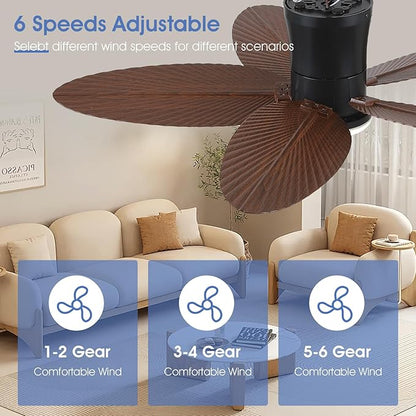 Palm Leaf Ceiling Fans with Lights-42 Tropical Ceiling Fan with Light and Remote/APP Control,Flush Mount Low Profile Ceiling Fans for Bedroom,Indoor/Outdoor Patio Use(Brown)