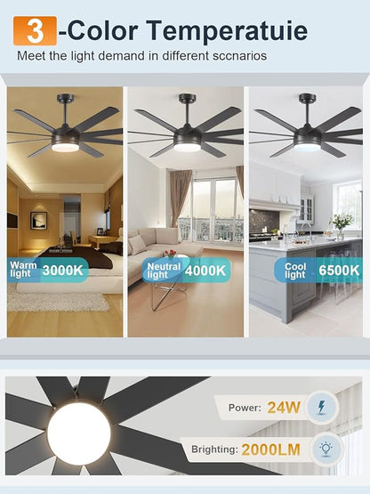 YUHAO 72 Inch Black Ceiling Fan with Light and Remote Control.Noiseless,Dimmable,3CCT,6 Speeds Reversible, DC Ceiling Fans for Indoor or Covered Outdoor