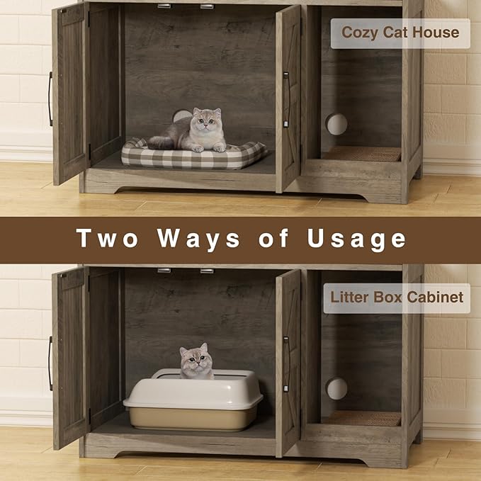 Cat Litter Box Enclosure, Hidden Litter Box Furniture with Scratch Pad, Farmhouse Indoor Cat House Washroom End Table, Grey-Mewly Pet