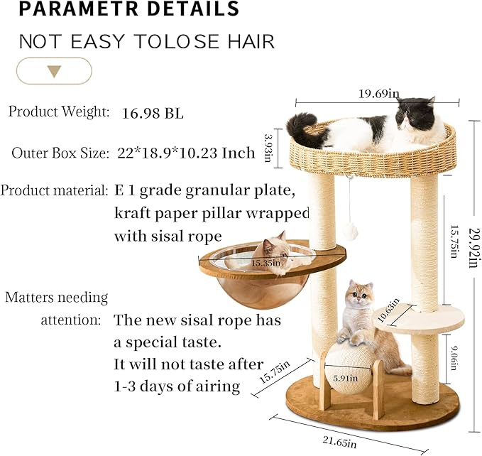 Modern Cat Tree for Indoor Cats, Wood Cat Tree with Natural Sisal-Covered Scratching Posts, Unique Cat Furniture Activity Center with Cat Scratching Ball Toy-Mewly Pet
