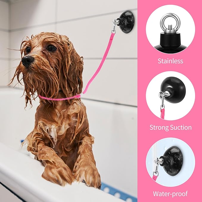 Frienda 4 Pieces Dog Bathing Tether with Suction Cup Pet Dog Grooming Tub Restraint Loops and Adjustable Cat Fixed Safety Rope for Pet Shower Bathing Grooming(Blue Pink Bright Green)-Mewly Pet