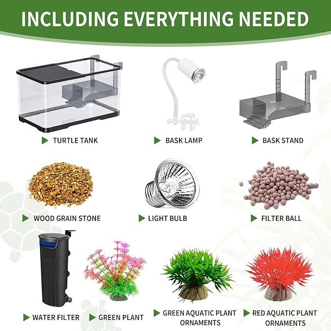 (Tank + Light + Filter + Filter Balls) Turtle Tank Kit, Turtle Tank Starter Kit,Bottom Drainage, Multi-Function Areas for Turtles, Crabs,Fishes, Amphibians,Reptiles. (21.65 × 12.28 × 12.28 Inch)-Mewly Pet
