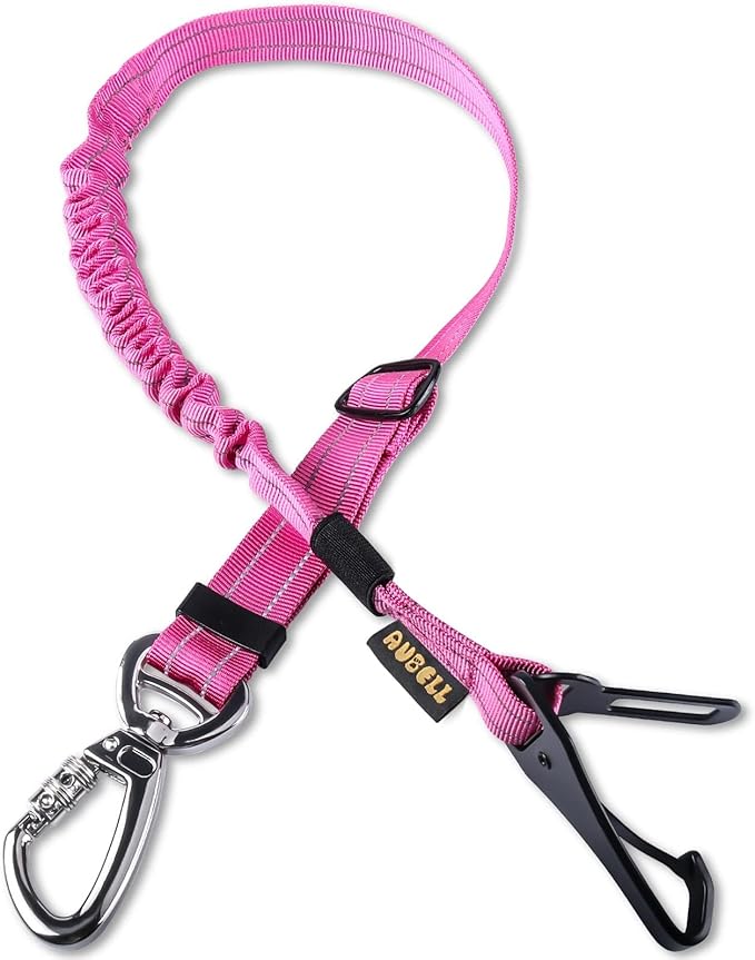 AUBELL Dog Seat Belt for Car,Updated 3-in-1 Adjustable Reflective Bungee Heavy Duty Dog Car Harness Tether with Clip Hook Latch & Buckle,Swivel Zinc Alloy Carabiner,Hotpink-Mewly Pet