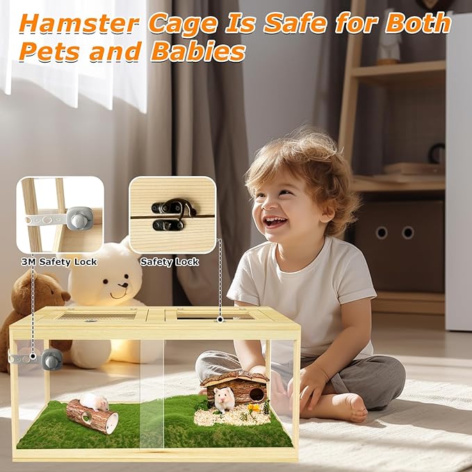 Large Hamster Cage 40", Lockable Sliding Door Gerbil Cage, Dwarf Hamster Cage with Metal Mesh Roof, Mice and Rat Habitat, Chewproof Syrian Hamster Enclosure, (Wooden, 40" L x 20" W x 20" H)-Mewly Pet