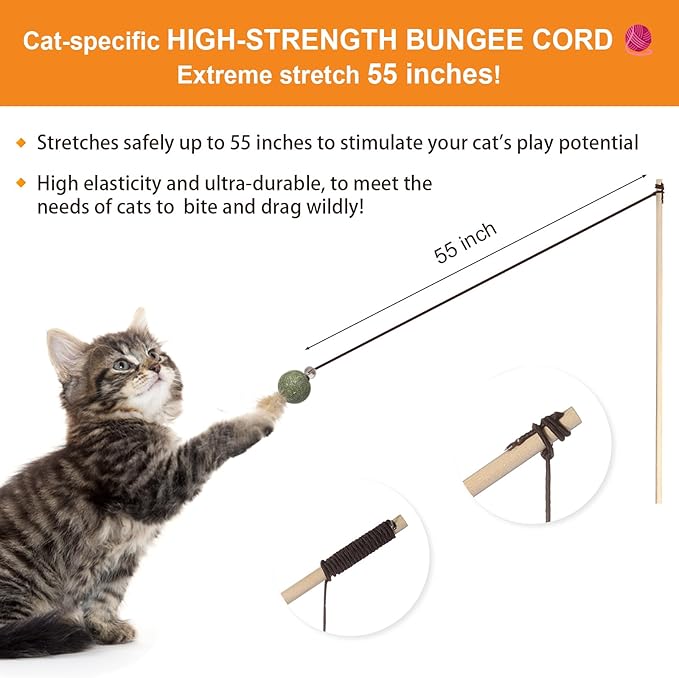 Cat Feather Toys with Catnip Ball, Feathers & Bell - 2 Replaceable Mouse Heads, Elastic Rope & Wooden Handle for Aggressive Kittens, Durable Bite-Proof Interactive Cat Teaser for Indoor Play-Mewly Pet