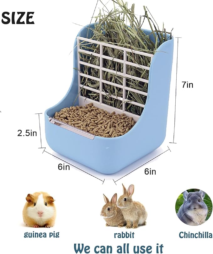 HERCOCCI PET Feeder and Water Bottle Set, Large Blue (500ml), Durable Hay Food Bin Feeder, Food Bowl, Gravity-Fed Water Dispenser for Rabbit, Guinea Pig, Chinchilla-Mewly Pet