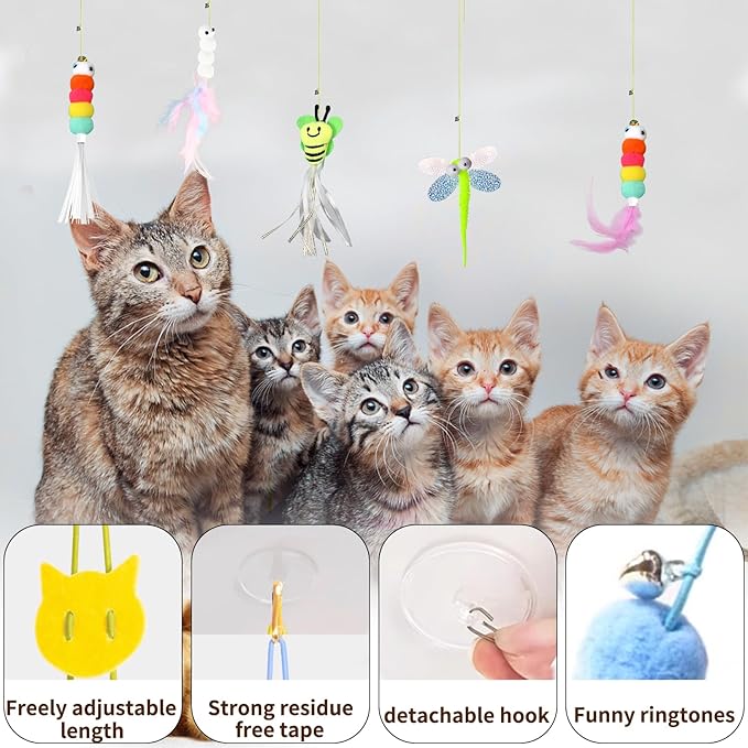 Kitten Toys 6 Pcs Interactive Feather Cat Toys, Cat Teaser Retractable Indoor Cat Toys Self Play Hanging Cat Toy,Cat Toy Indoor Kitten Play Chase Fun Exercise, Mental Physical Stimulation-Mewly Pet