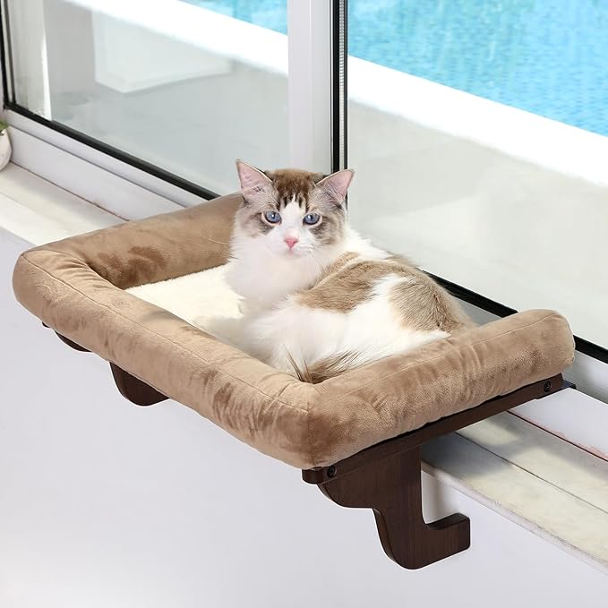 Cat Perch for Window Sill with Bolster - Orthopedic Hammock Design with Premium Hardwood & Robust Metal Frame - Cat Window Seat for Large Cats and Kittens - Dark Stained Wood with Brown Bed-Mewly Pet