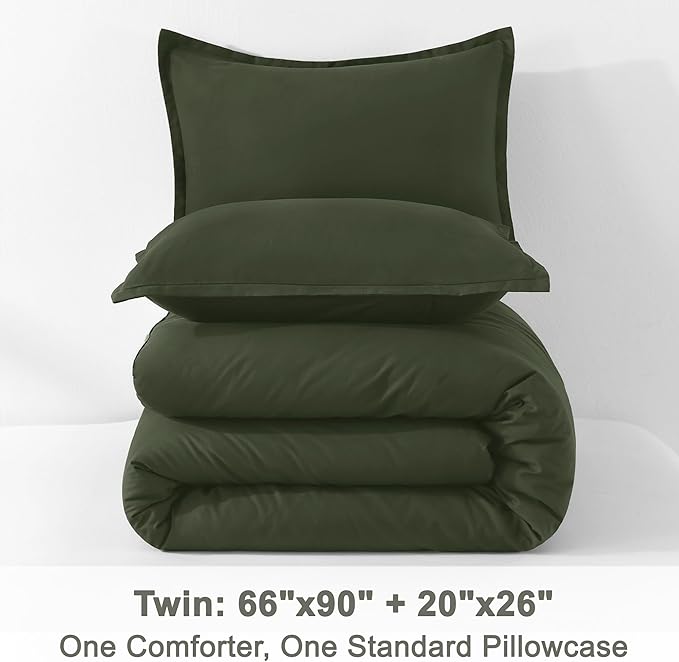 Litanika Dark Olive Green Twin/Twin XL Comforter Set, 2 Pieces Solid Bedding Comforter Set, All Season Fluffy Bed Set (66x90In Comforter & 1 Pillowcase)