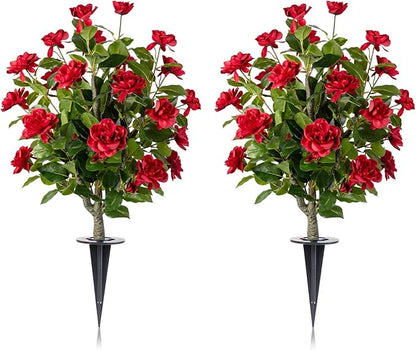 Artificial Camellia Tree 2 Pack with Spike, Artificial Plants Outdoor Faux Floral Plant in Cement Pot Fake Silk Camellia Tree Plants for Home House Living Room Office Decor