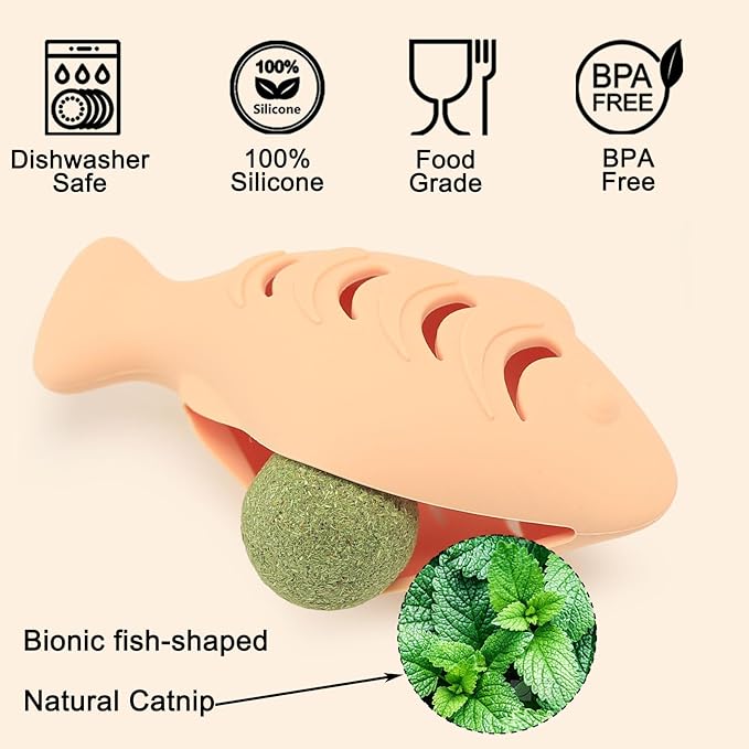 Cat Toys for Indoor Cats, Fish Shape Chew Catnip Toys for Teeth Clean, Food Grade Silicone Cat Enrichment Toy, Interactive Kitten Teething Toys with 1 Cat Nip Ball, Orange, 2 Pcs-Mewly Pet