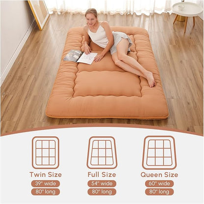 Japanese Floor Mattress, Futon Mattress with Portable Storage Bag and Washable Cover, Roll Up Thick Tatami Mat Suitable for Camping, Guest Room, Light Coffee, Twin