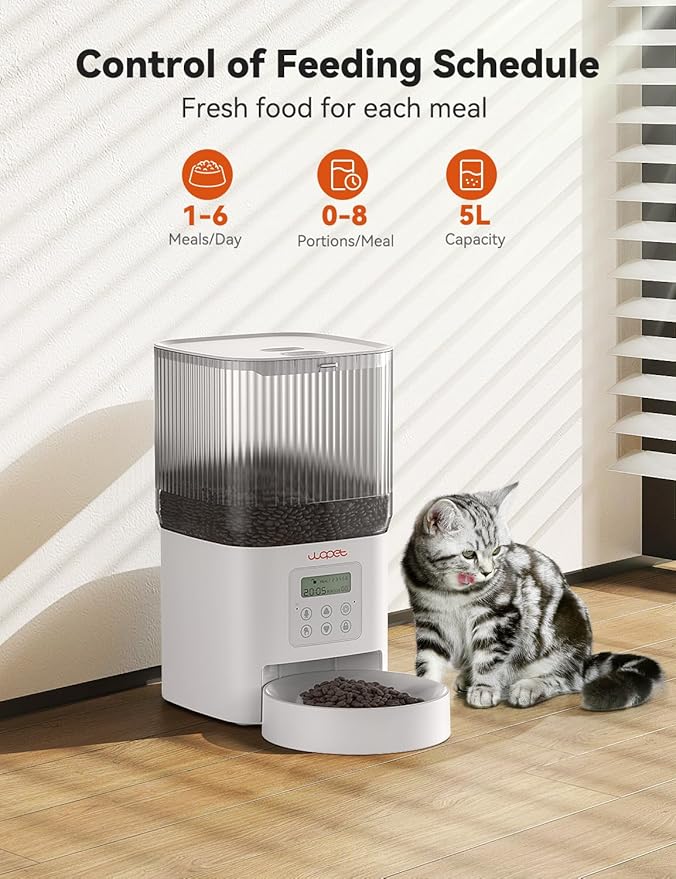 WOPET Automatic Cat Feeder, 4L Automatic Dog Feeder with 180-Day Battery Life, Programmable Cat Food Dispenser with Stainless Steel Bowl，1-6 Meals Per Day-Mewly Pet