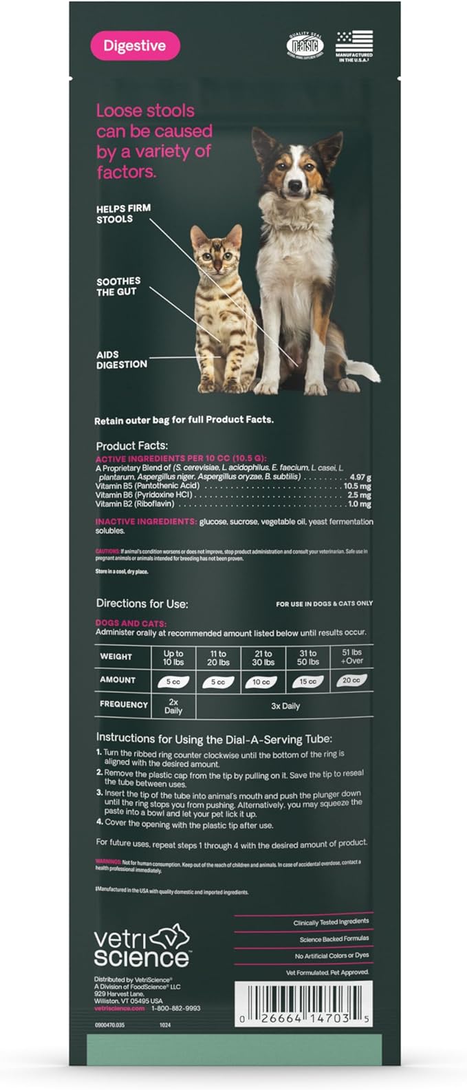 VetriScience Quick Action Diarrhea Aid Paste with Probiotics & B Vitamins, Fast Balance Digestive Support Supplement for Dogs and Cats, Gut Balancer, Help Stop Diarrhea, Unflavored, 35 cc-Mewly Pet
