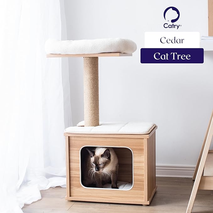 Catry 29.7" Tall 3 Level Laminated Wood Cat Tree with Large Base Condo, 2 Paded Steps, Natural Jute Scratching Post, Sturdy and Easy to Assemble for Small Cat, Brown-Mewly Pet