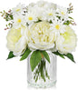 DILATATA Artificial Flowers in Vase White Silk Peony & Daisy Faux Floral Arrangements for Table Centerpieces, Home Office Kitchen Bathroom Decor, Spring Fake Flower Arrangement