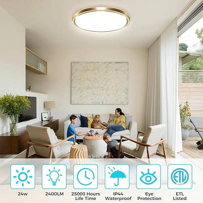 zemty 2Pack LED Ceiling Light Fixture, 6.5-Inch 12W 1200lm Small Flush Mount Light, Adjustable 3000K 4000K 6500K Color Temperatures, Round Flat Recessed Lamp for Kitchen Closet Hallway Laundry, Gold