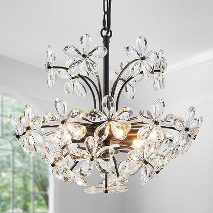 WUZUPS Crystal Chandelier Pendant Flushmount Ceiling Light Modern Lighting Fixture for Bedroom Hallway Bar Kitchen Bathroom, H 15.7" x W 17.7", Black, E12 Base