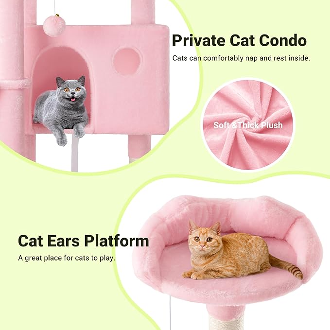 Allewie 64 Inches Cat Tree Tower/Multi-Level Activity Center for Indoor Big Felines/2 Plush Condos/2 Perchs/Basket/House/Sisal Scratching Posts/Hanging Cat Toys/Pink-Mewly Pet