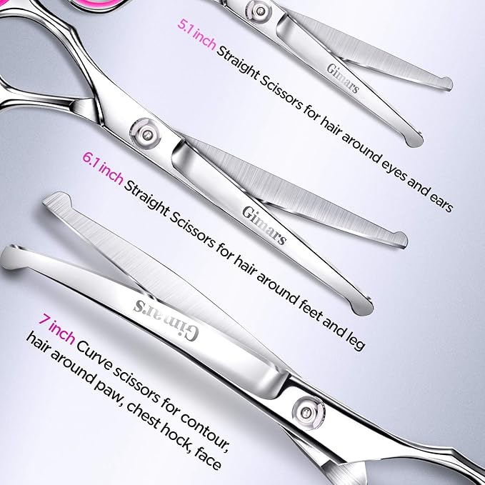 Gimars Professional 4CR Stainless Steel 6 in 1 Grooming Scissors for Dogs with Safety Round Tip, Heavy Duty Titanium Coated Pet Grooming Scissor for Dogs, Cats and Other Animals-Mewly Pet