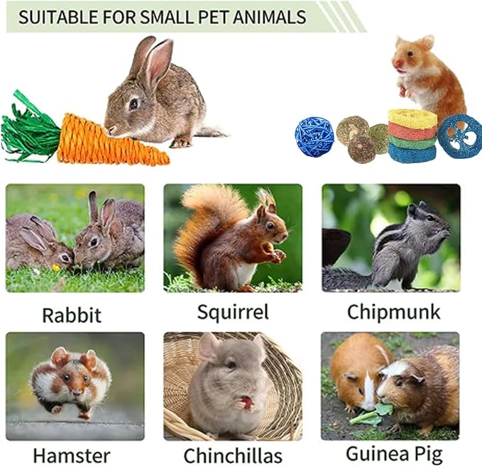 Grddaef 18 PCS Bunny Toys, Rabbit Toys Guinea Pig Toy Natural Apple Wood Grass Timothy Sticks Chew and Treat for Guinea Pigs Hamster Chinchillas-Mewly Pet