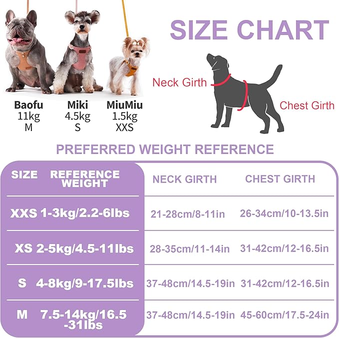 Puppytie No Pull XXS Puppy Harness with Multifunction Dog Leash,Soft Adjustable No Choke Escape Proof Pet Harness Vest,Light Purple,XXS-Mewly Pet